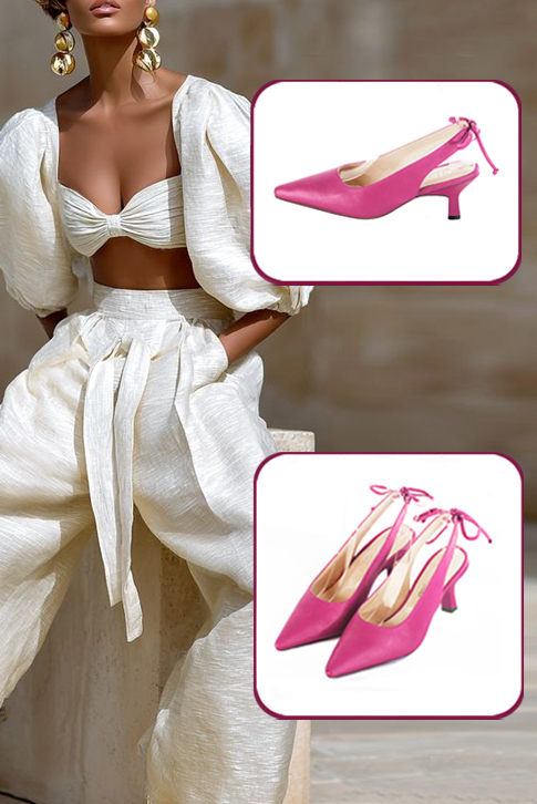 Dress slingback heels in fuchsia pink leather with medium spool heels and pointed toe - Worn view